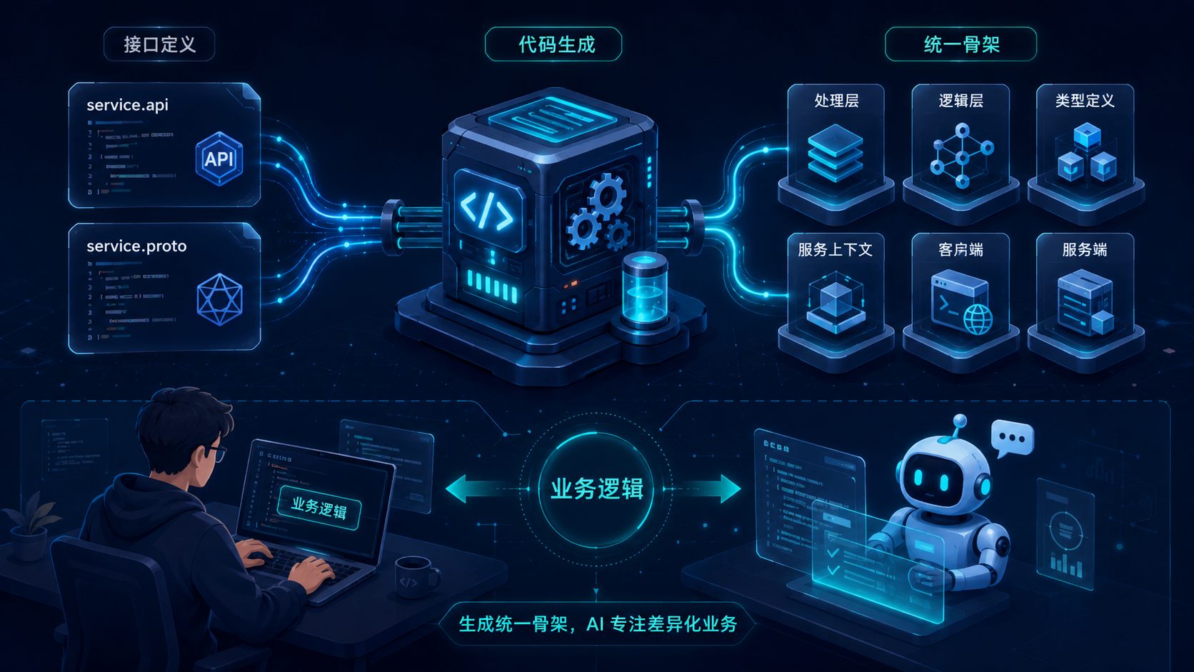 接口定义驱动代码生成:从 .api/.proto 到统一骨架