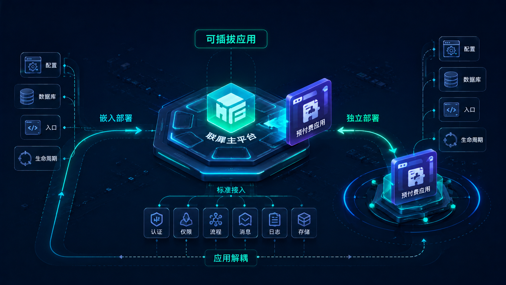 可插拔应用架构:嵌入部署与独立部署自由切换,应用间天然解耦