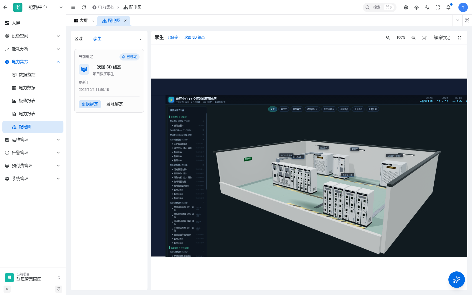 项目级孪生绑定卡片与配电室画面